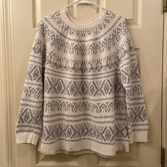 #32 J Jill Sweater Fair Isle White Gray Oversized Round Neck WM SZ M Warm Cozy - Picture 3 of 13